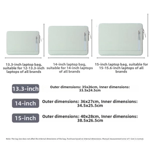 Size chart showing internal and external dimensions for 13.3 to 15.6 inch laptop sleeves