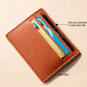 Slim brown leather card holder with multi-slot design and textured lychee pattern finish