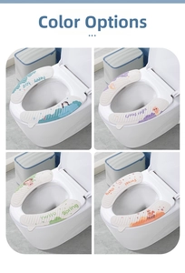 Detail showing four styles of waterproof EVA toilet seat covers with cute cartoon prints