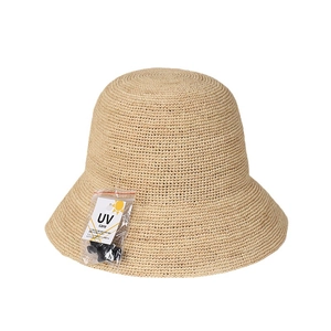 Handmade raffia straw cloche hat with UV protection and detachable windproof cord