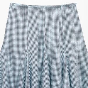 Jupe midi en seersucker à carreaux bleus et marrons avec taille élastique