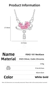 Detailed size specifications of S925 silver necklace with pink heart zircon pendant
