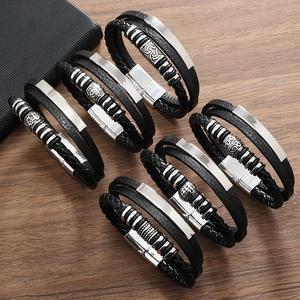 Men Multi-layer Braided PU Leather Bracelet With Alloy Magnetic Clasp Viking Punk Hip-hop Style Retro Black Accessory