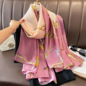 Butterfly Print Imitation Satin Scarf Long Luxury Satin Shawl Color Block Chain Pattern Women Summer Sun Protection Wrap