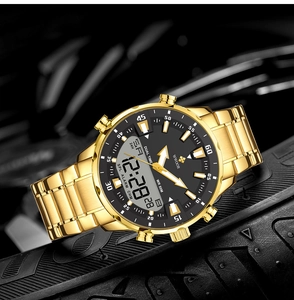 Detailed view of golden dual-display watch featuring quartz movement and 50M water resistance