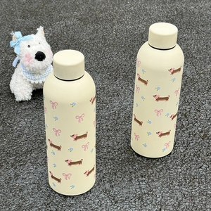 Détail de la gourde en acier beige avec motif teckel et fleurs lors d'une prise extérieure