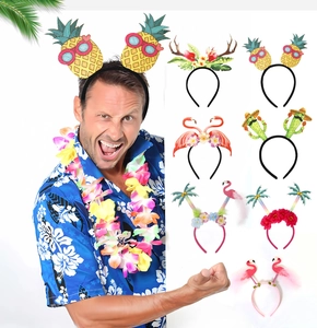 Close-up of tropical party headbands featuring pineapple, flamingo and cactus designs
