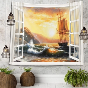 Detailed wall hanging tapestry featuring a seaside sunset window view on a cement wall