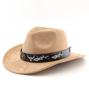 Classic western suede cowboy hat in camel with embroidered leather belt and metal studs