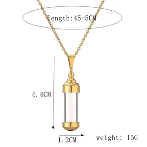 Detailed dimensions of gold perfume bottle pendant with 45+5cm chain and colorful stones