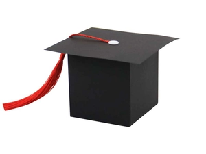 Detail of black graduation cap favor box with vibrant red tassel for festive party gifts