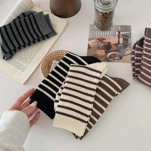 Retro Striped Crew Socks Knitted Cotton Breathable Japanese Style Mid Calf Length For Women Casual Daily Wear Comfortable Soft