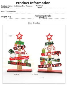 Detailed view of wooden Christmas tree tabletop ornament with painted Santa and dimensions