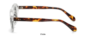 Side view of polygon sunglasses featuring clear frames and amber tortoiseshell temples