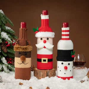 Christmas Wine Bottle Cover Knitted Santa Snowman Reindeer Pattern Festive Holiday Party Dinner Table Decoration Novelty