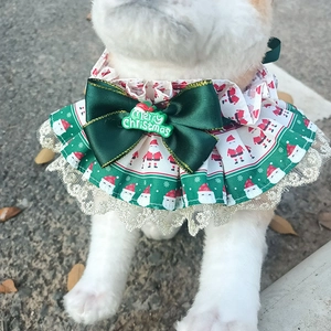 Green Christmas lace pet collar with Merry Christmas bow and Santa Claus pattern
