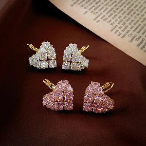Heart Huggie Earrings Copper Sparkling Zircon French Style Elegant Jewelry For Women With Silver Earring Post
