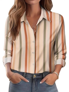 Casual long sleeve button-up shirt for women featuring vibrant colorful vertical stripes