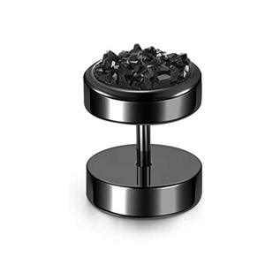 Detail of matte black stainless steel dumbbell earring with encrusted black crystals