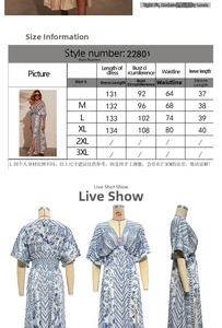 Size chart for V-neck maxi dress with blue and white floral print and short sleeves