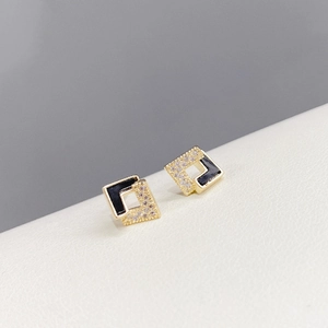 Geometric square stud earrings with gold plating, micro-paved zircons and black enamel