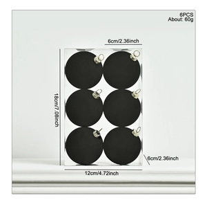 Detailed size chart for 6cm black flocked Christmas balls showing 6PCS box dimensions