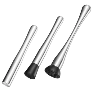 Set of 3 stainless steel cocktail muddlers with textured black heads on white background