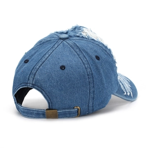 Vintage distressed denim baseball cap in dark blue with frayed holes and adjustable back strap