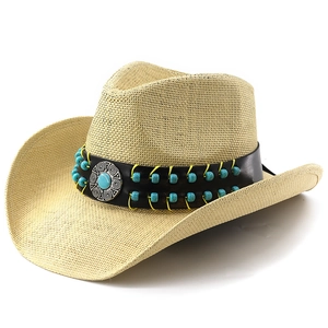 Western straw cowboy hat with turquoise bead band and vintage silver buckle for sun protection