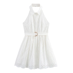 Abito Mini in Poliestere Ricamato con Scollo Halter Elegante Donna Con Cintura Senza Maniche Traforato Bianco Corto