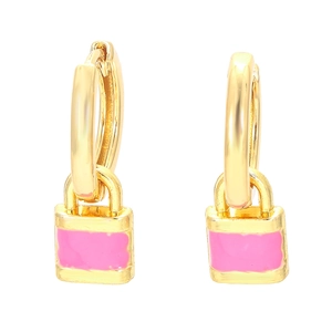 Detail of gold metal hoop earrings with pink enamel heart padlock charms on white background