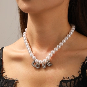 White pearl necklace for women featuring a silver LOVE letter pendant in retro style