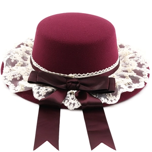 Vintage Lolita Boater Hat Flat Top Polyester Felt Large Satin Bow Long Ribbon Lace Trim Elegant Women Accessories