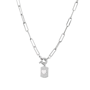 Silver-plated heart pendant necklace with micro-pave cubic zirconia on a paperclip chain