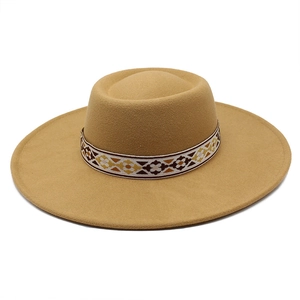 Detail of khaki wool felt fedora with 9.5cm wide brim and ethnic woven headband
