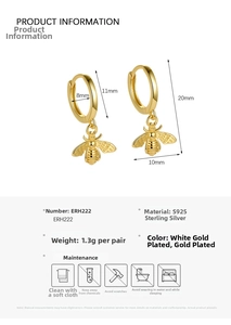 Detailed size chart for S925 sterling silver bee drop earrings with 20mm height