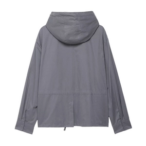 Grey hooded drawstring jacket with back slit detail and utility waist cord