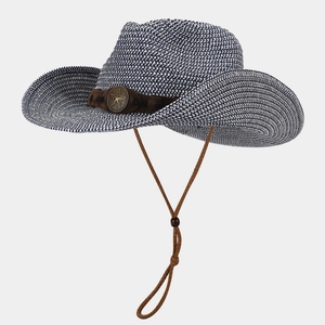 Vintage Western Cowboy Straw Hat With Star Badge Adjustable Wind Rope Breathable Sun Protection Outdoor Beach Summer Unisex