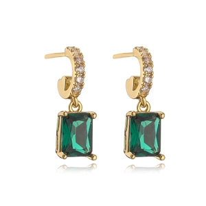 Elegant gold drop earrings with rectangular emerald stones and cubic zirconia accents
