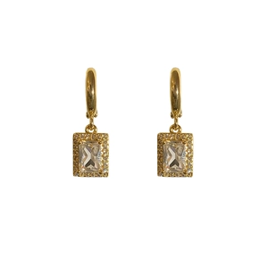 Elegant gold drop earrings featuring rectangular zircon pendants with diamond halo accents