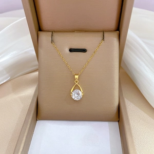 Water Drop Cubic Zirconia Pendant Necklace Gold Plated Stainless Steel Chain Copper Micro Inlaid Elegant For Women
