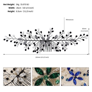 Detailed view of colorful rhinestone hair combs with precise measurements and 26cm width