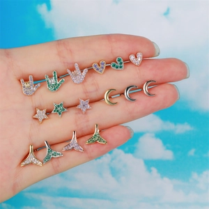 Star and moon ear stud set with colorful zircon stones in gold and silver plating