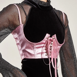 Serre-taille en satin rose avec baleines sur haut en velours noir pour femme