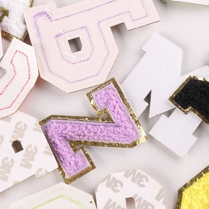 Chenille letter embroidery patch with gold glitter edge and 3M self-adhesive backing