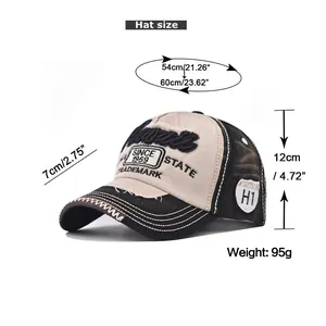 Size chart showing circumference and brim measurements for vintage Hawaii denim baseball cap