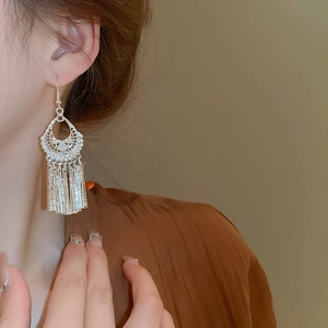 Close-up of a silver bohemian tassel earring worn by a model in soft lighting