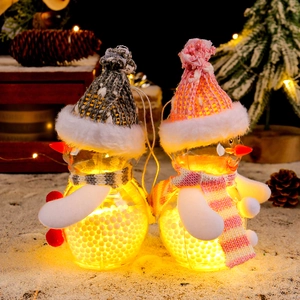Set of 2 glowing LED Christmas snowman ornaments with transparent globes and knit hats