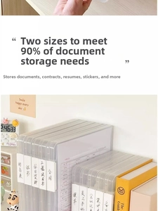 Macro shot of transparent A4 file storage boxes with labels for office desk organization