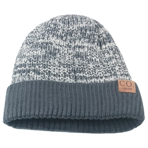 Winter knitted beanie with dual-tone grey marled pattern and leather logo patch